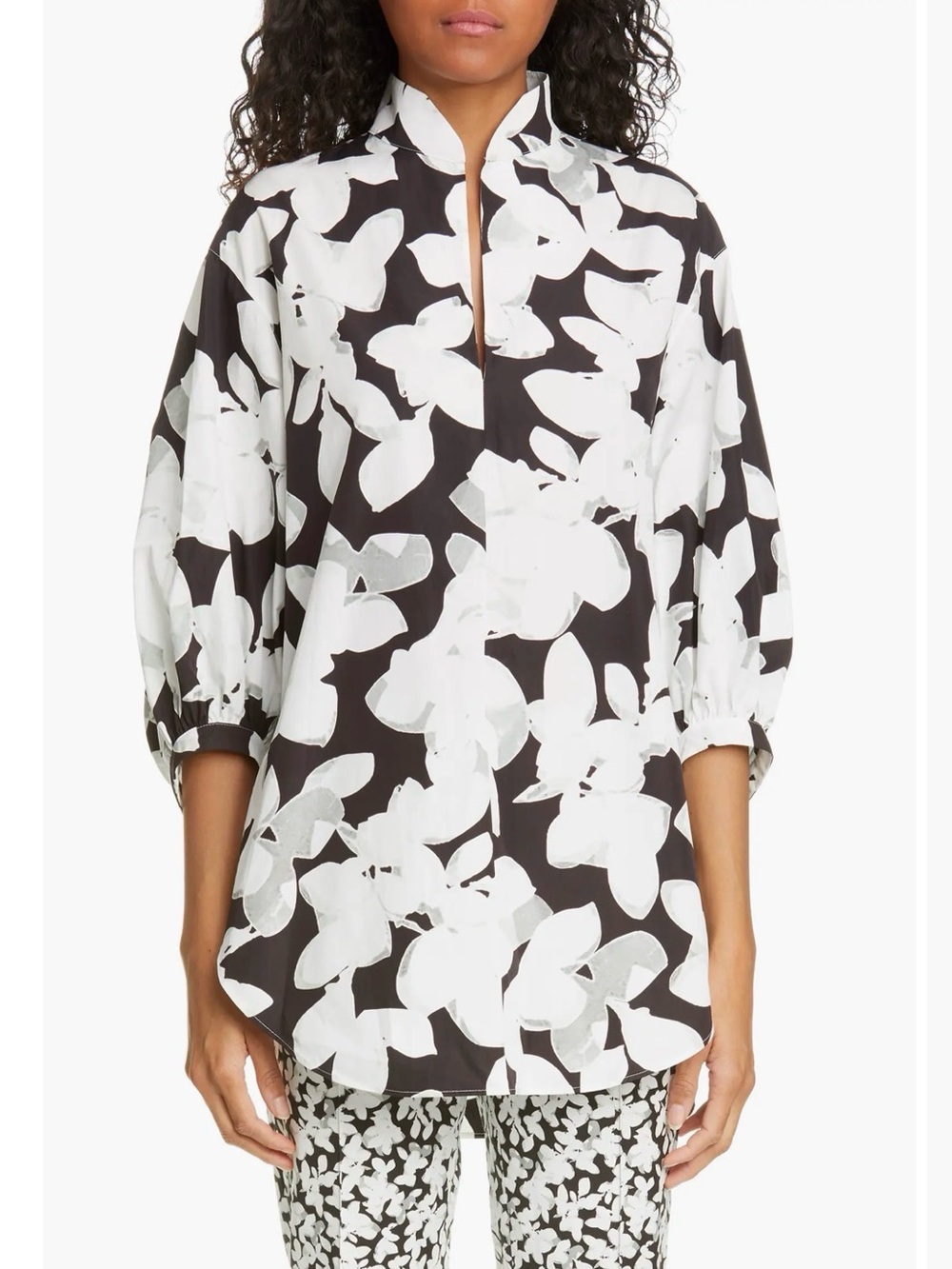 AKRIS  punto. Magnolia Print Puff Sleeve Cotton Poplin Tunic Size 6